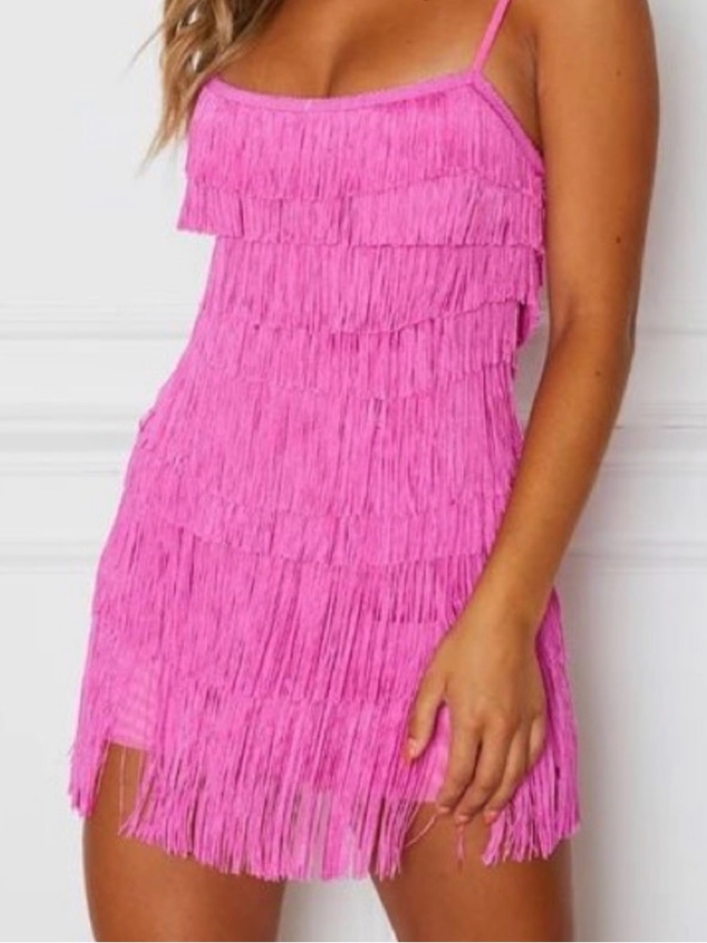 White Fox Mini Fringe Dress - Pink